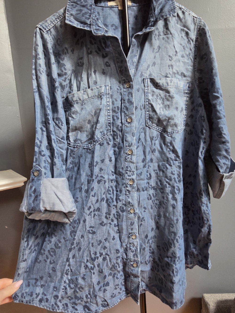 Soft, Leopard Print Blue Button Down, Oversized Size Small